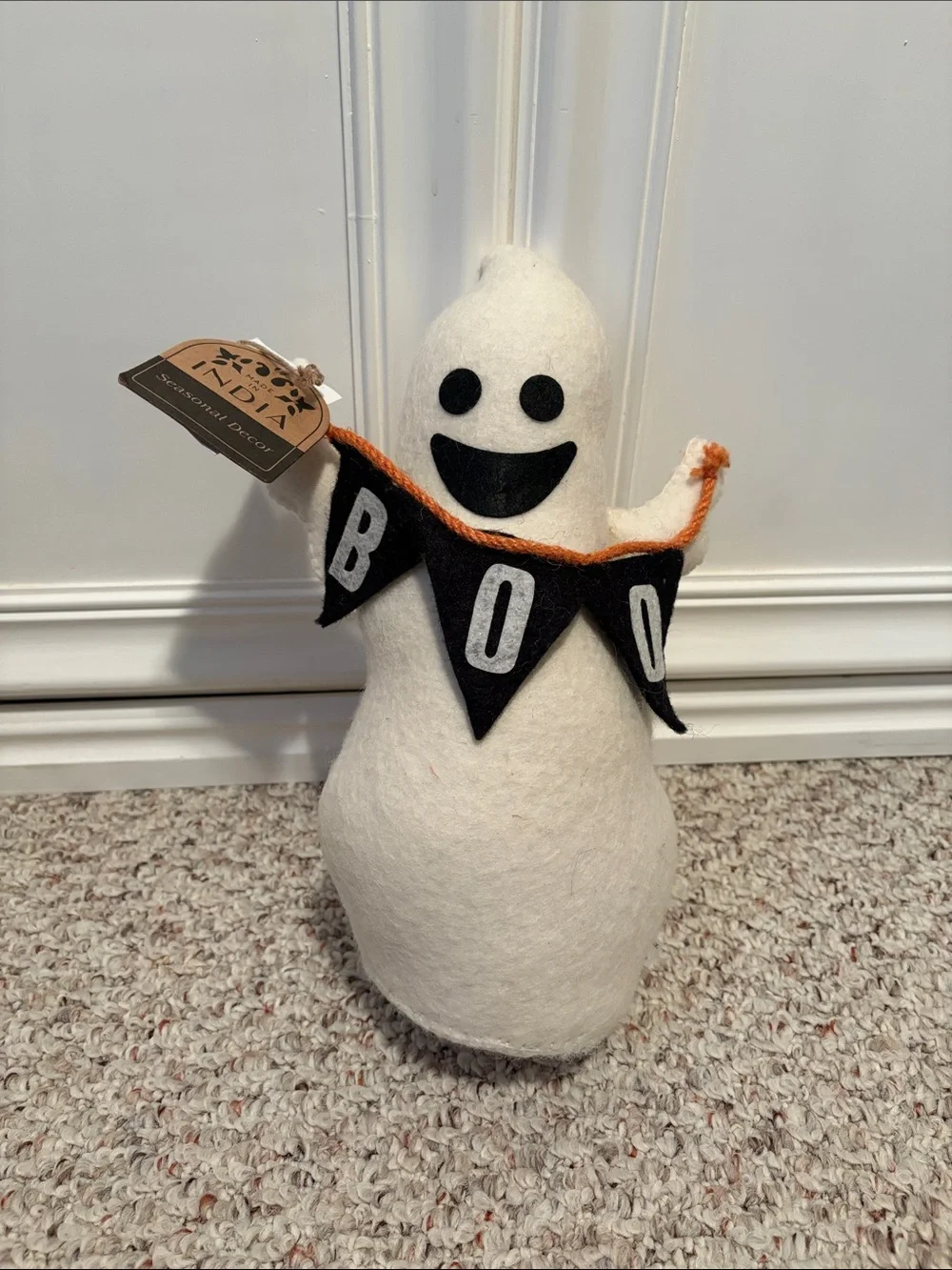 T.J.Maxx White Felt Ghost with Black BOO Banner and Orange Trim